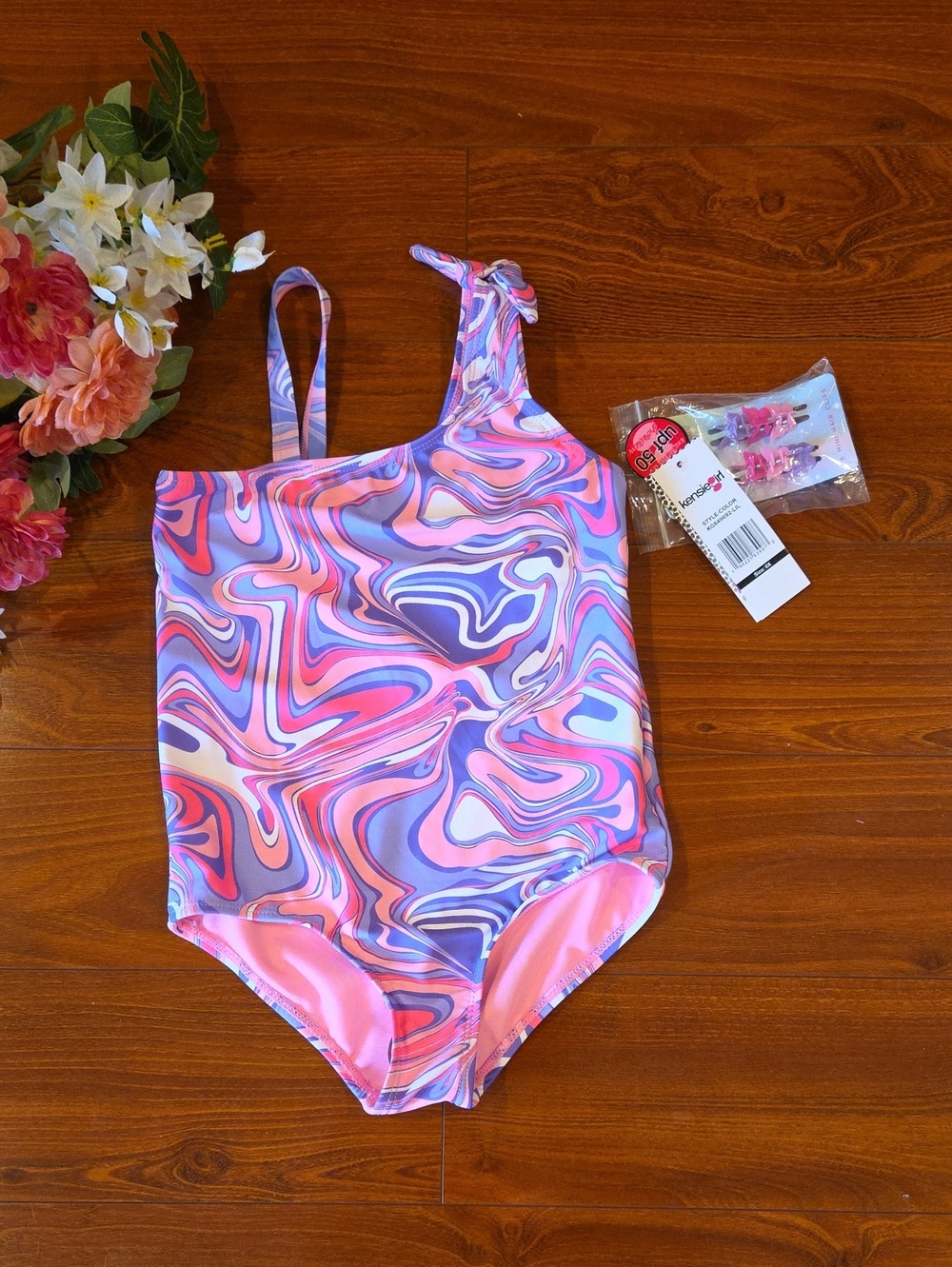 Kensie Girls Pink Floral One-Piece Swimsuit With Hair Clips; Size Girls 6X